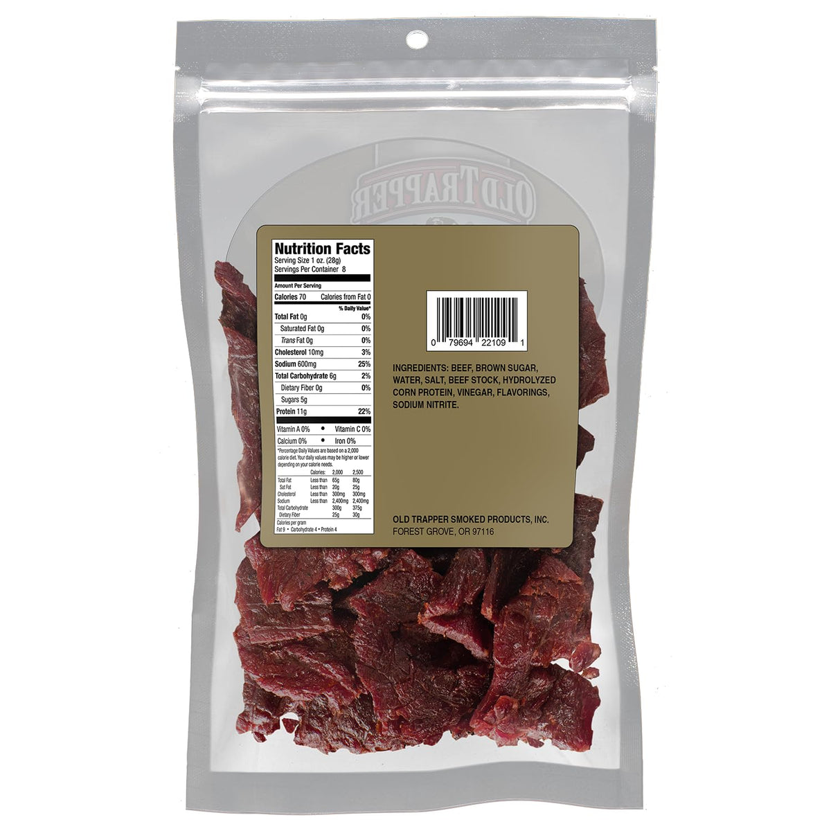 Old Trapper Beef Jerky, Old-Fashioned 8 Ounce Bag, Tender Meat Snacks for Lunches or Between Meals, 11 Grams of Protein, Zero Grams of Fat, and 70 Calories per Serving (Pack of One)