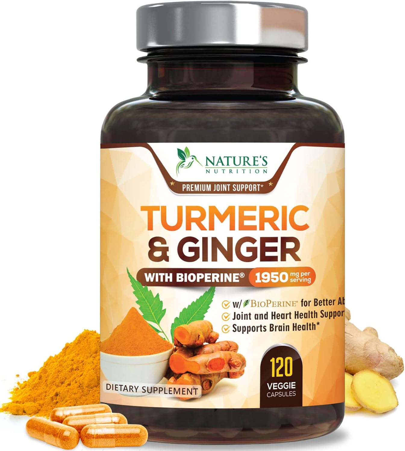 Turmeric Curcumin Supplement - 95% Curcuminoids with Organic Turmeric & Ginger, BioPerine Black Pepper Extract for Best Absorption, Natural Vegan Joint Support, Non-GMO, Bottled in USA - 240 Capsules