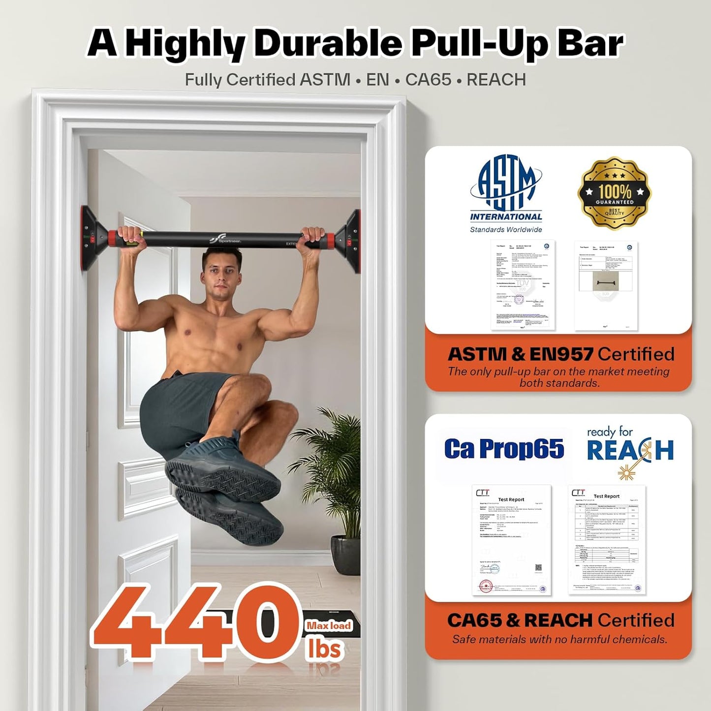 Sportneer Adjustable Doorway Pull-Up Bar, 440 lbs Capacity, No Drilling Required
