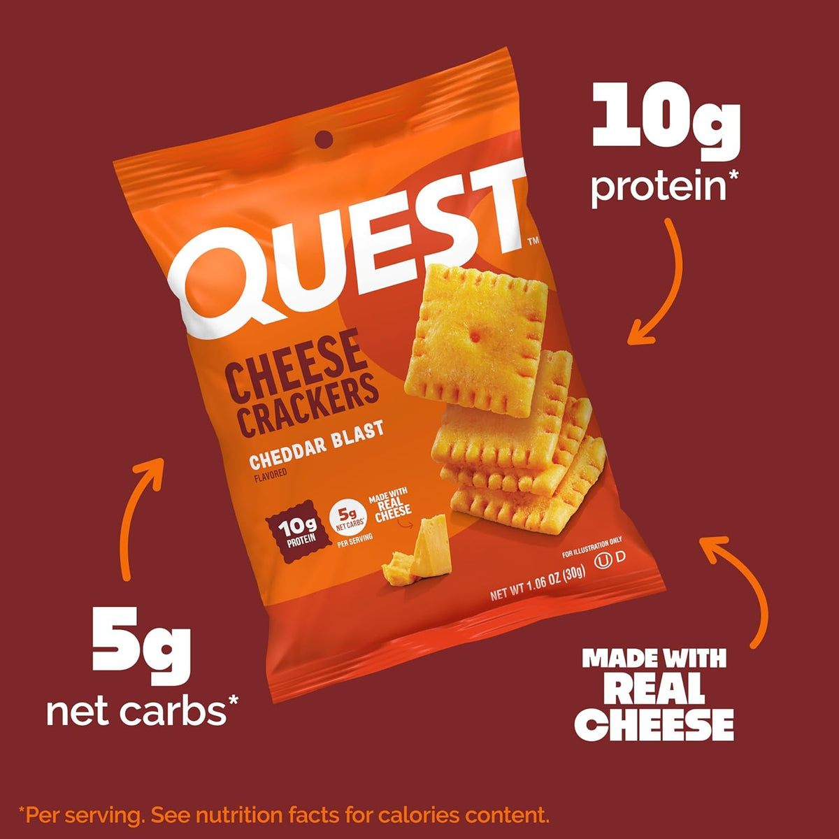 Quest Nutrition Cheese Crackers, Cheddar Blast, 10g Protein, 5g Net Carbs, 1g Sugar, Made with Real Cheese, High Protein Snack, 12 Packs (1.06 oz Bags)