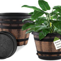 Quarut 3 Pack 10 inch Plant Pots,Whiskey Barrel Planters with Drainage Holes & Saucer, Plastic Decoration Flower Pots Imitation Wine Barrel Design, for Indoor & Outdoor Garden Home Plants (Brown)