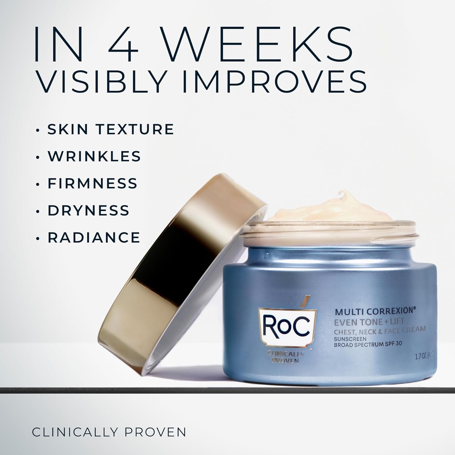 RoC Multi Correxion 5 in 1 Chest Neck Face Moisturizer Face Cream with SPF 30 for Visible Wrinkle and Neck Firming and Tightening, Oil Free Skin Care, 1.7 oz (Packaging May Vary)
