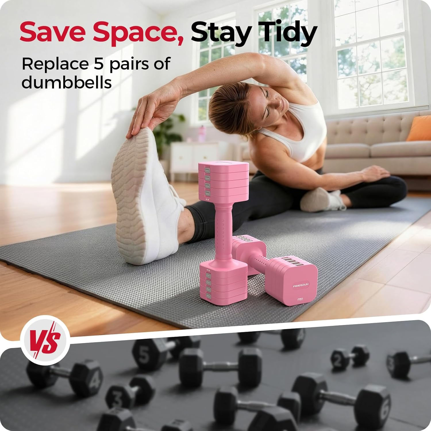 FEIERDUN DB3 Adjustable Dumbbell Set of 2, 5-in-1 Hand Weights for Women and Men