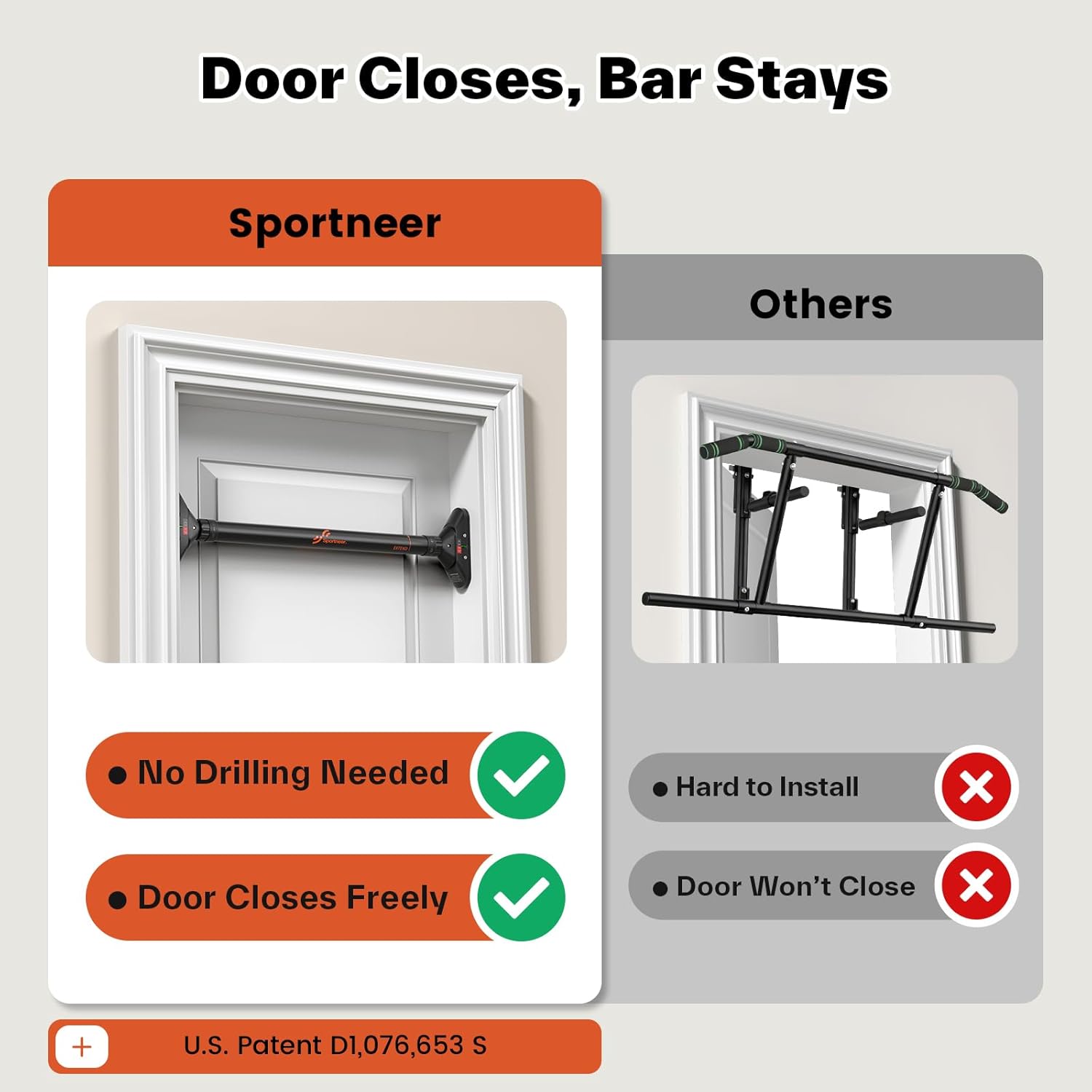 Sportneer Adjustable Pull Up Bar: 29.5"-37" Doorway Chin Up Bar, 440lb Capacity