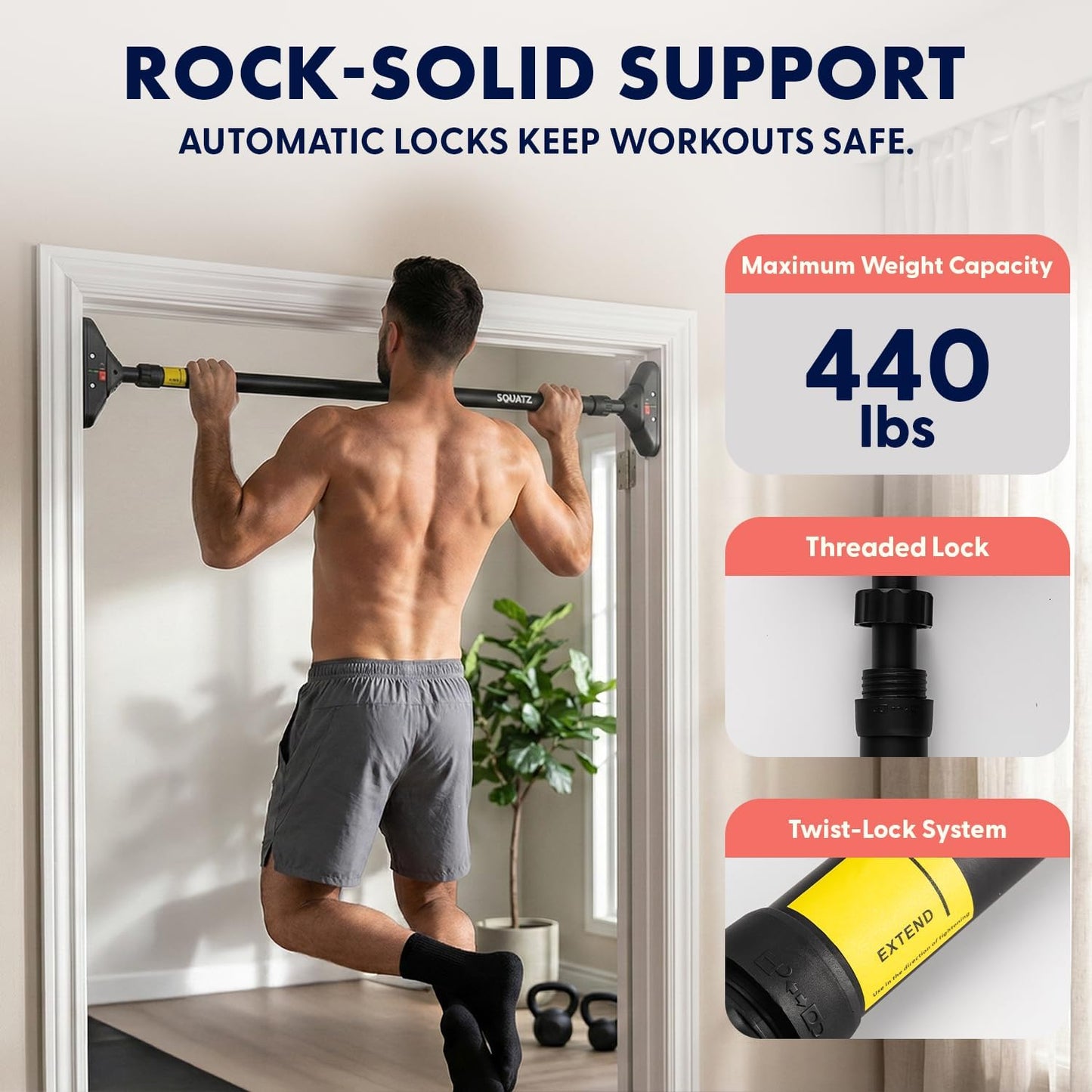 Squatz Adjustable Doorway Pull-Up Bar with Level and Locking Mechanism