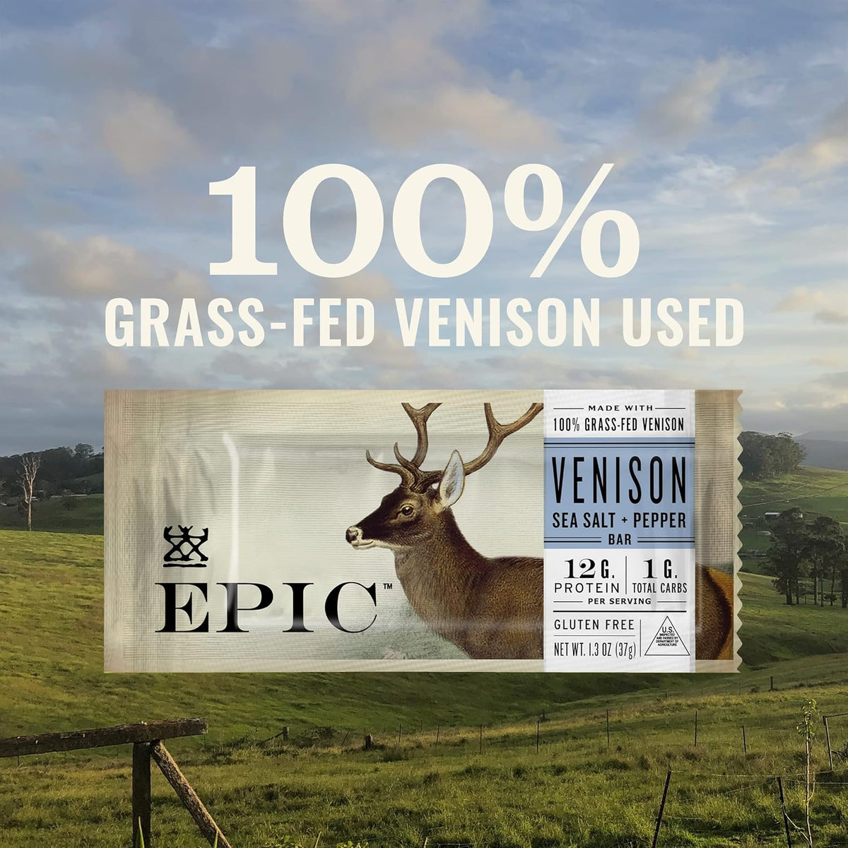 EPIC Bars, Venison Sea Salt and Pepper Bar, Keto Friendly, Whole30 Approved, Gluten Free, 12 Count, 15.6 oz