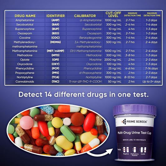 Prime Screen 14 Panel Urine Drug Test Cup - Instant Testing for 14 Drugs
