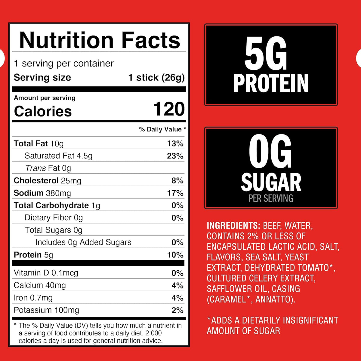 Jack Link's Original Zero Sugar Beef Sticks - (20 Pack) 0.92 oz Meat Sticks - Ready to Eat Protein Snacks - 5g Protein per Serving - Made with 100% Real Beef