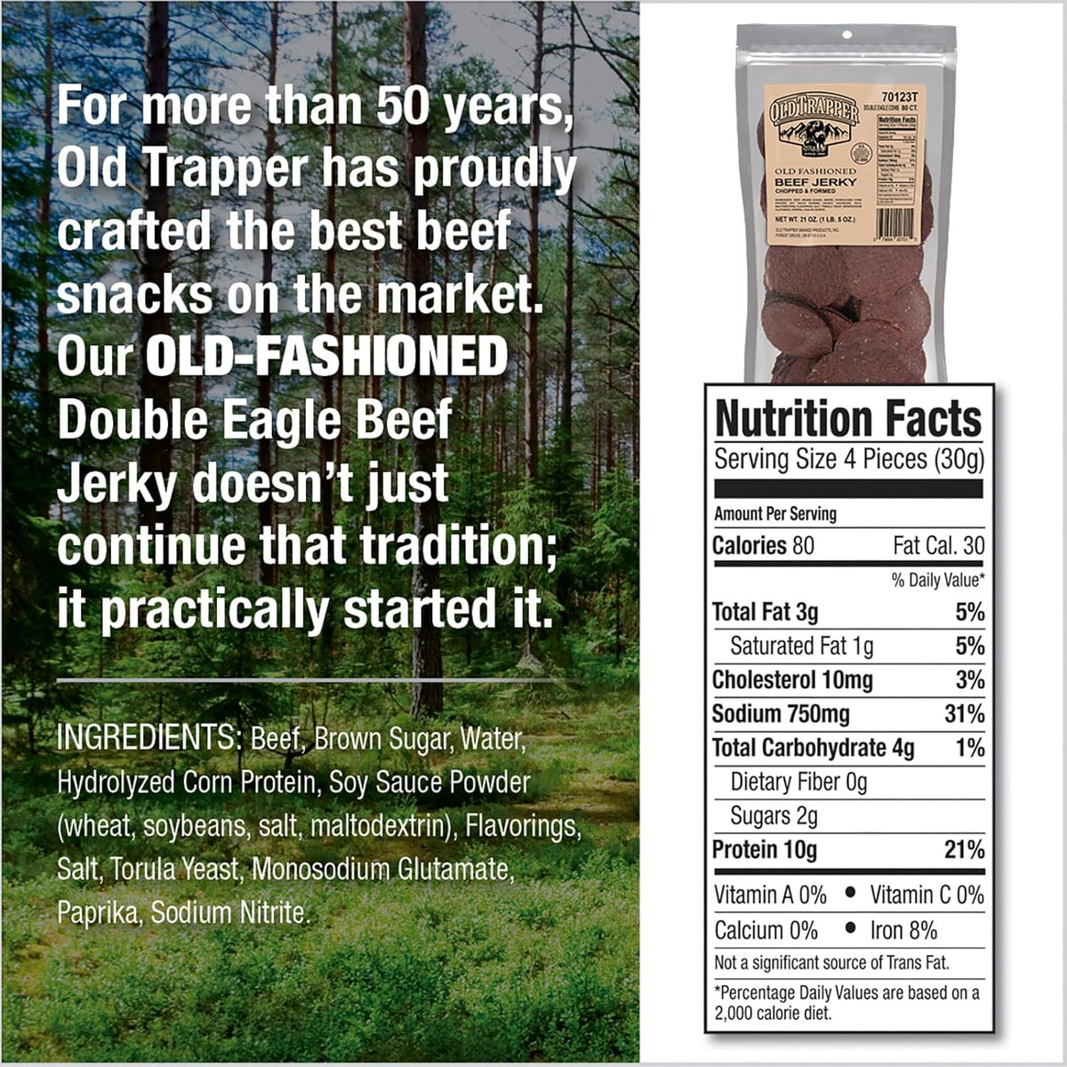 Old Trapper Double Eagle Beef Jerky, Old-Fashioned Flavor, 21 Ounce Package, Delicious Jerky Snacks, 10 Grams of Protein and 80 Calories per Serving (Pack of One)
