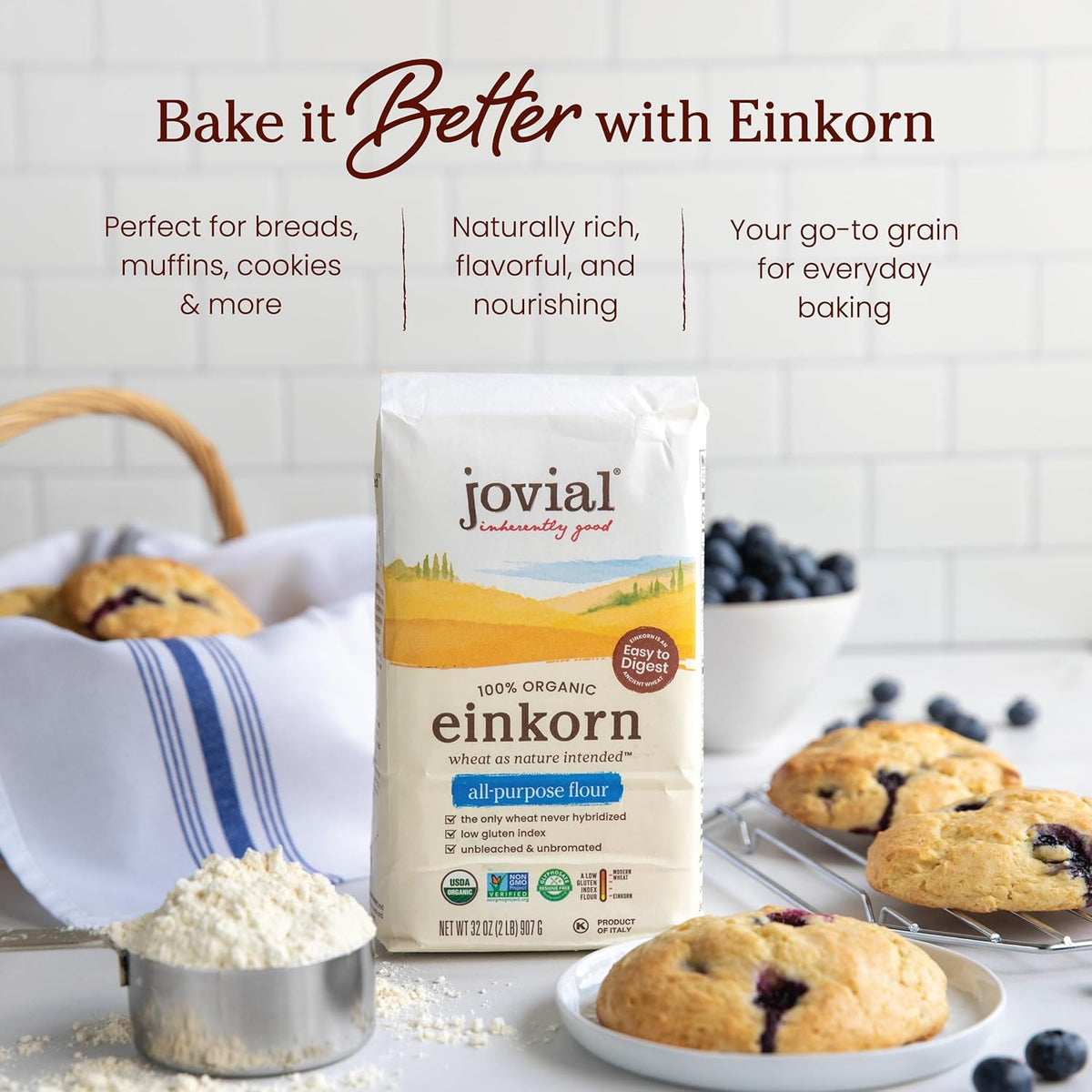 Jovial Organic Einkorn Unbleached All Purpose Flour - Bread Baking Flour for Sourdough, High Protein, Non-GMO, For Organic Pizza & Pasta, European Italian Made, Glyphosate Free - 32 Oz