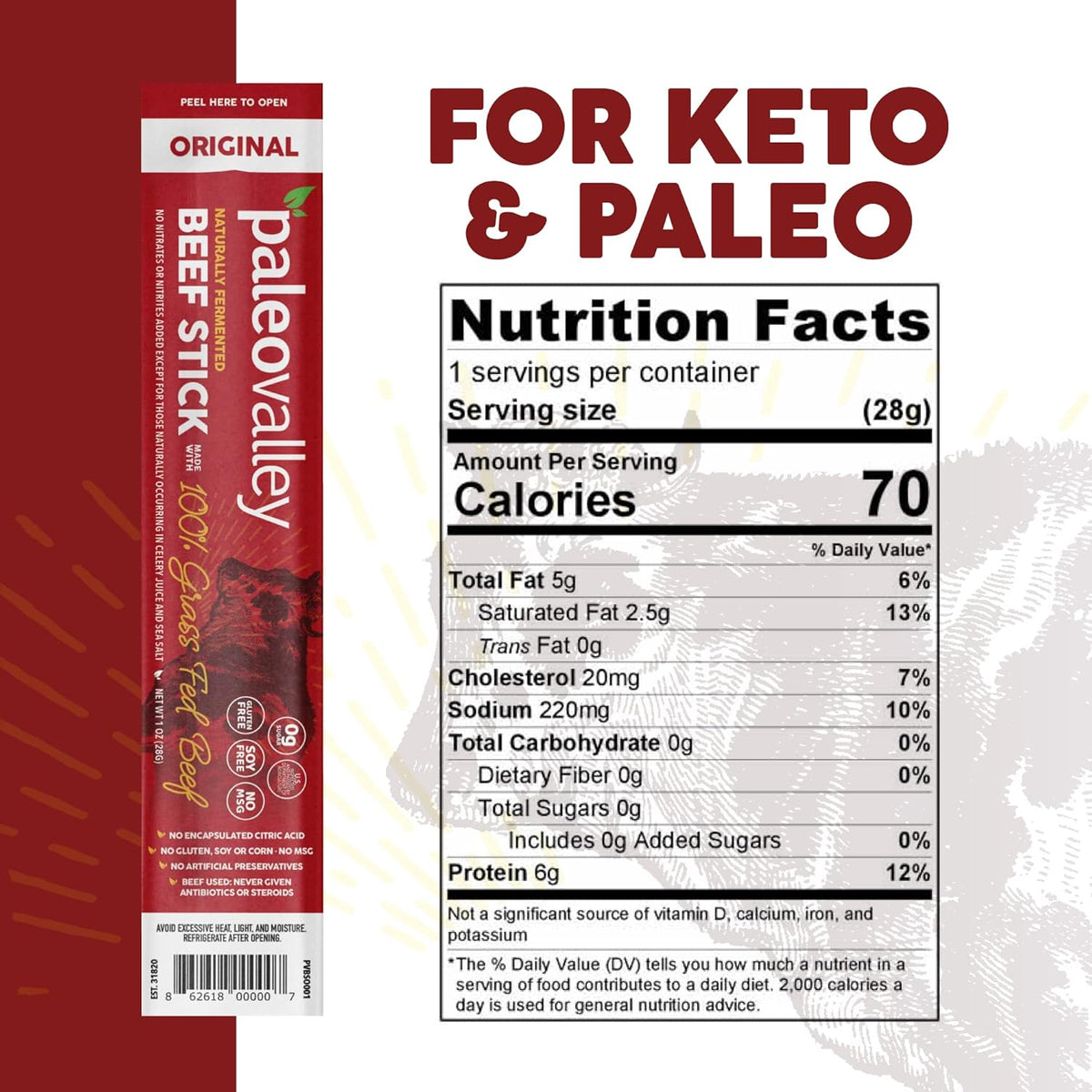 Paleovalley 100% Grass Fed Original Beef Sticks - Delicious Gluten Free Beef Snack - High Protein Keto Friendly