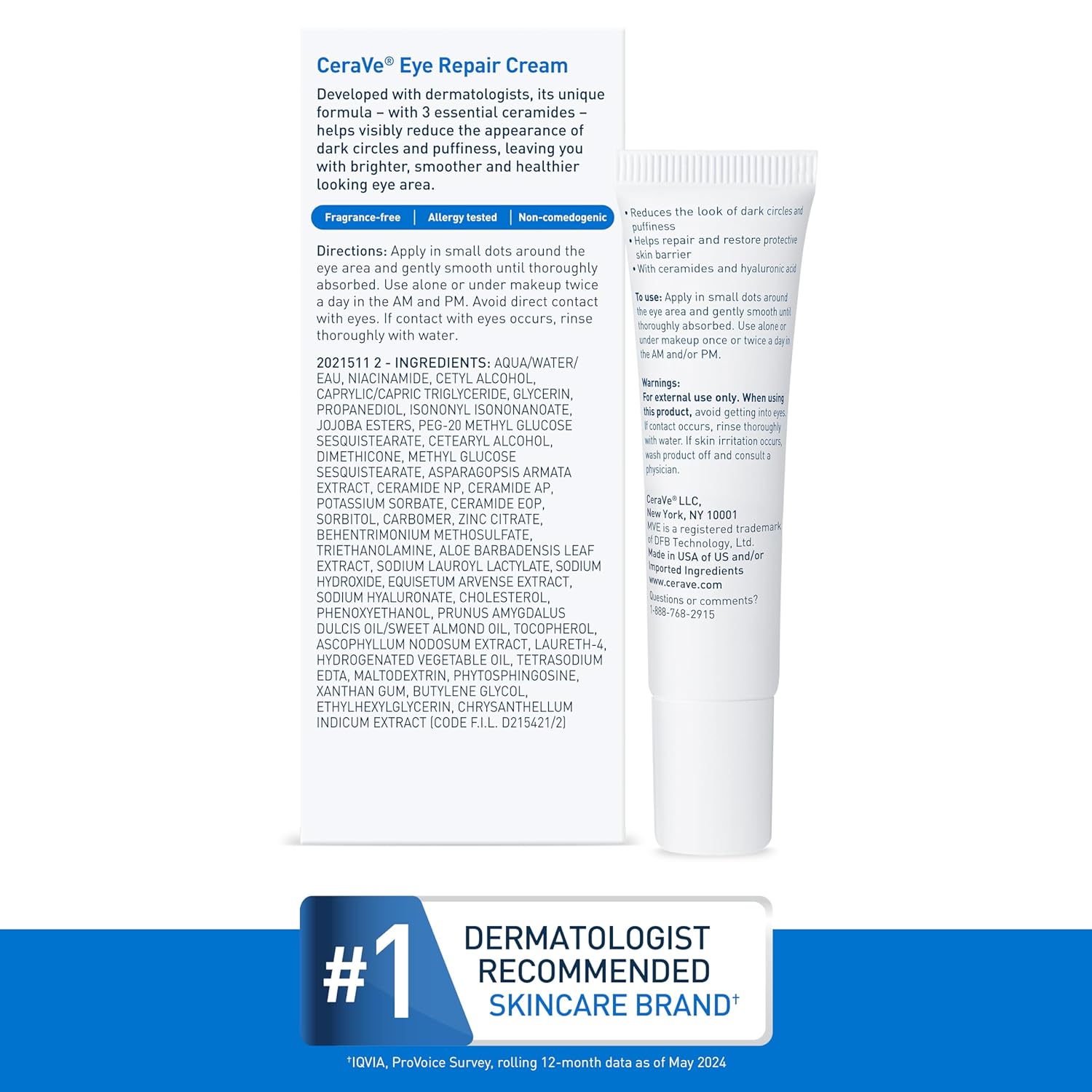 CeraVe Eye Repair Cream, Under Eye Cream For Puffiness And Bags Under Eyes, Hyaluronic Acid + Niacinamide + Marine Botanical Complex, Oil Free & Opthalmologist Tested