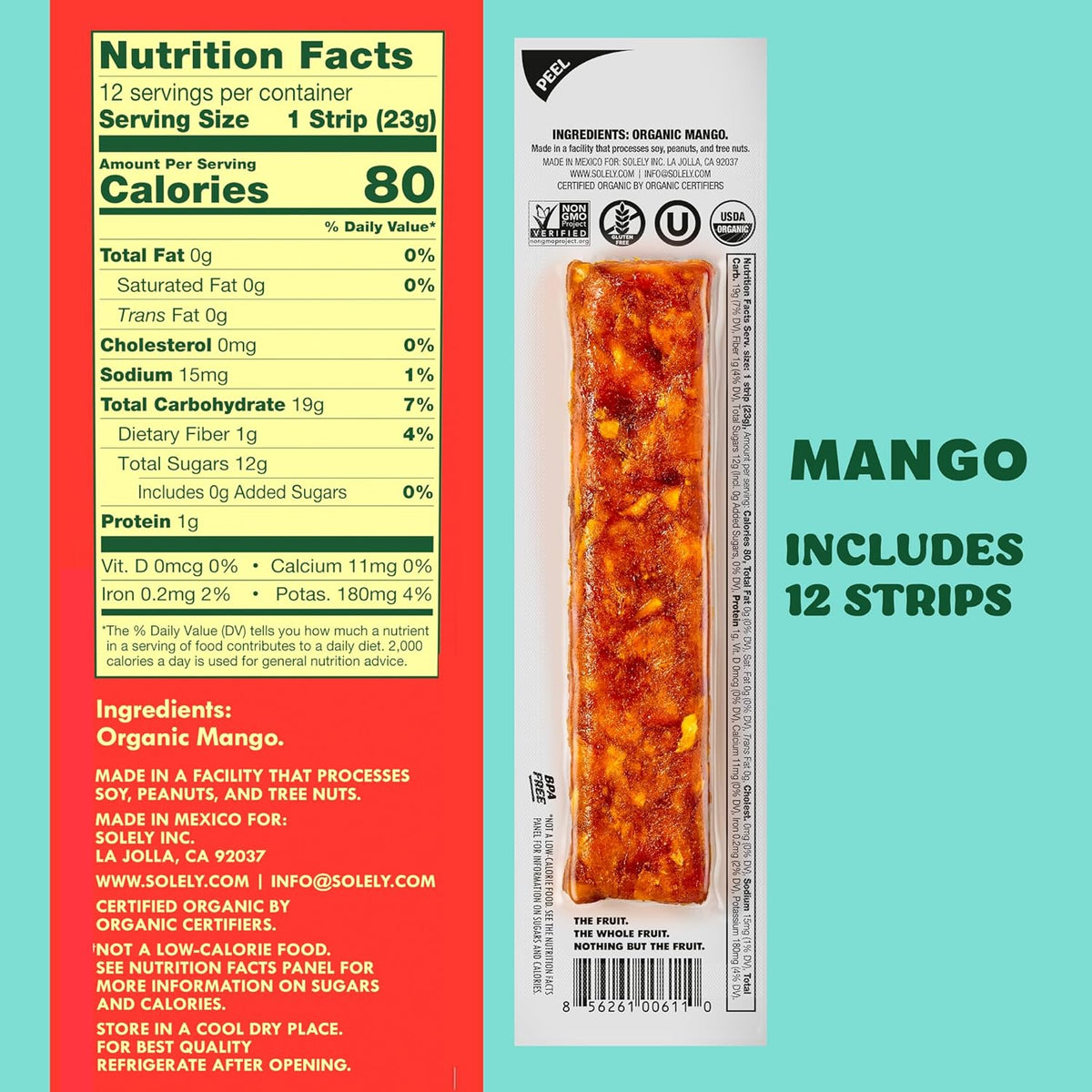 Solely - Organic Mango Fruit Jerky - 12 Individually Wrapped Fruit Strips - Fruit Leather Made from Dried Fruits - Healthy Snacks, Vegan - 0.8oz (23g)
