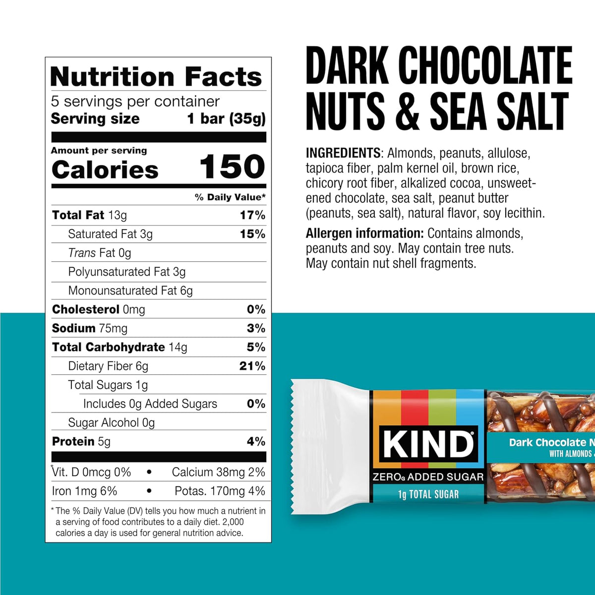 KIND ZERO Added Sugar Bars, Dark Chocolate Nuts and Sea Salt, Keto Friendly Snacks, Gluten Free, 5g Protein, 5 Count