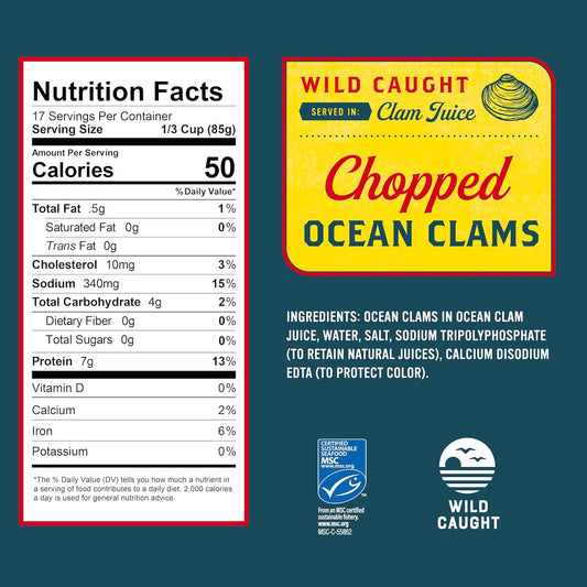 Snow's Ocean Chopped Clams Canned, 51 oz Can - 7g Protein per Serving - Gluten Free, No MSG, 99% Fat Free - Great for Pasta & Seafood Recipes