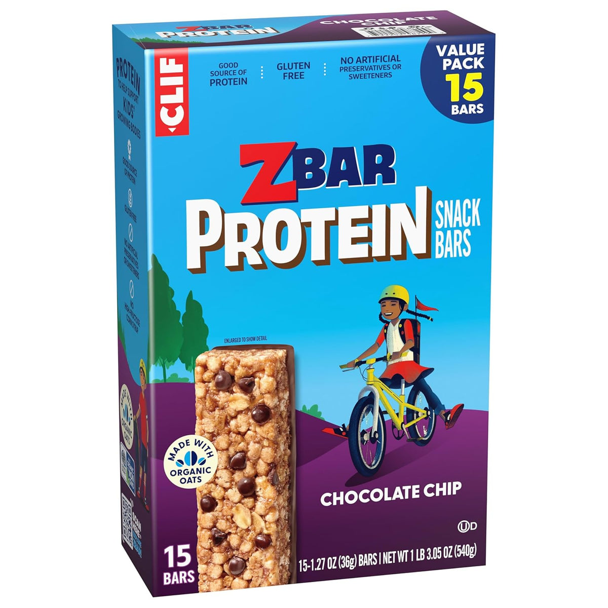 Zbar Protein - Chocolate Chip - Crispy Snack Bars - Made with Organic Oats - Non-GMO - 5g Protein - Gluten Free Protein Bars (15 Pack)