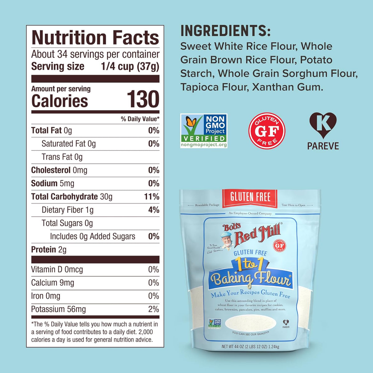 Bob's Red Mill Gluten Free 1 to 1 Baking Flour, 22oz (Pack of 4) - Non GMO, Vegan, Kosher