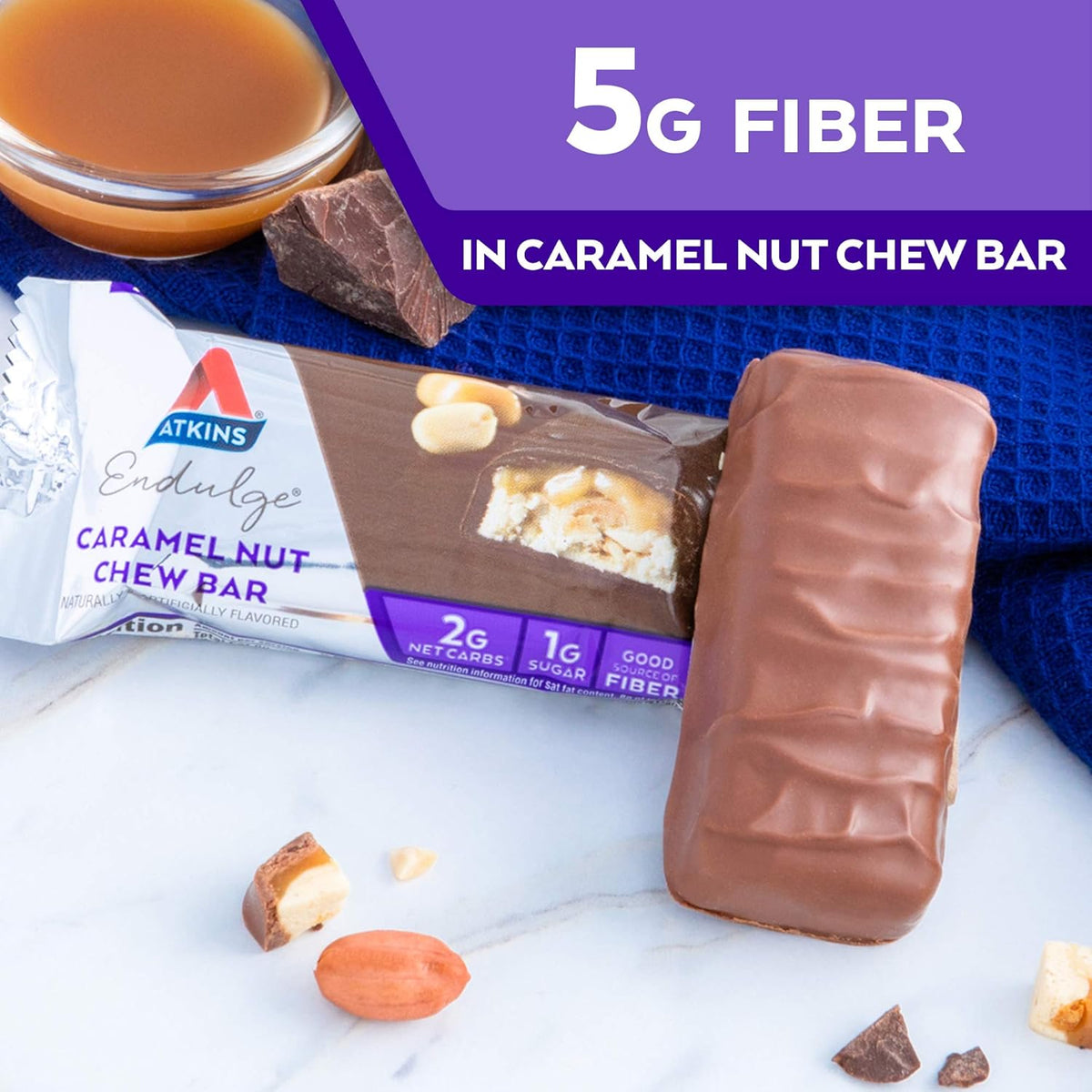 Atkins Endulge Caramel Nut Chew Bar, Low Sugar Snack, Dessert Bar, High Fiber Bar 1g Sugar, 10 Count