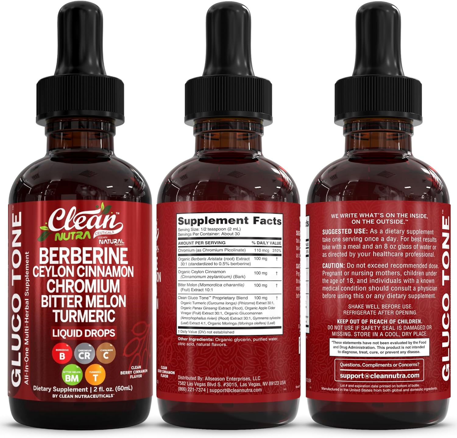 Clean Nutra Berberine with Ceylon Cinnamon Supplement Liquid Drops + Bitter Melon Extract, Glucomannan, Gymnema, Chromium, Turmeric, Organic Panax Ginseng, Moringa