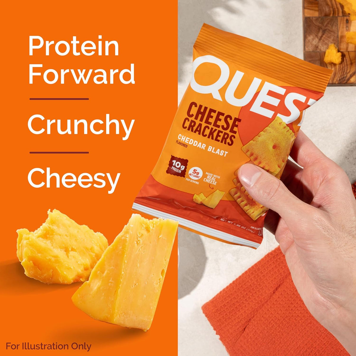 Quest Nutrition Cheese Crackers, Cheddar Blast, 10g Protein, 5g Net Carbs, 1g Sugar, Made with Real Cheese, High Protein Snack, 12 Packs (1.06 oz Bags)