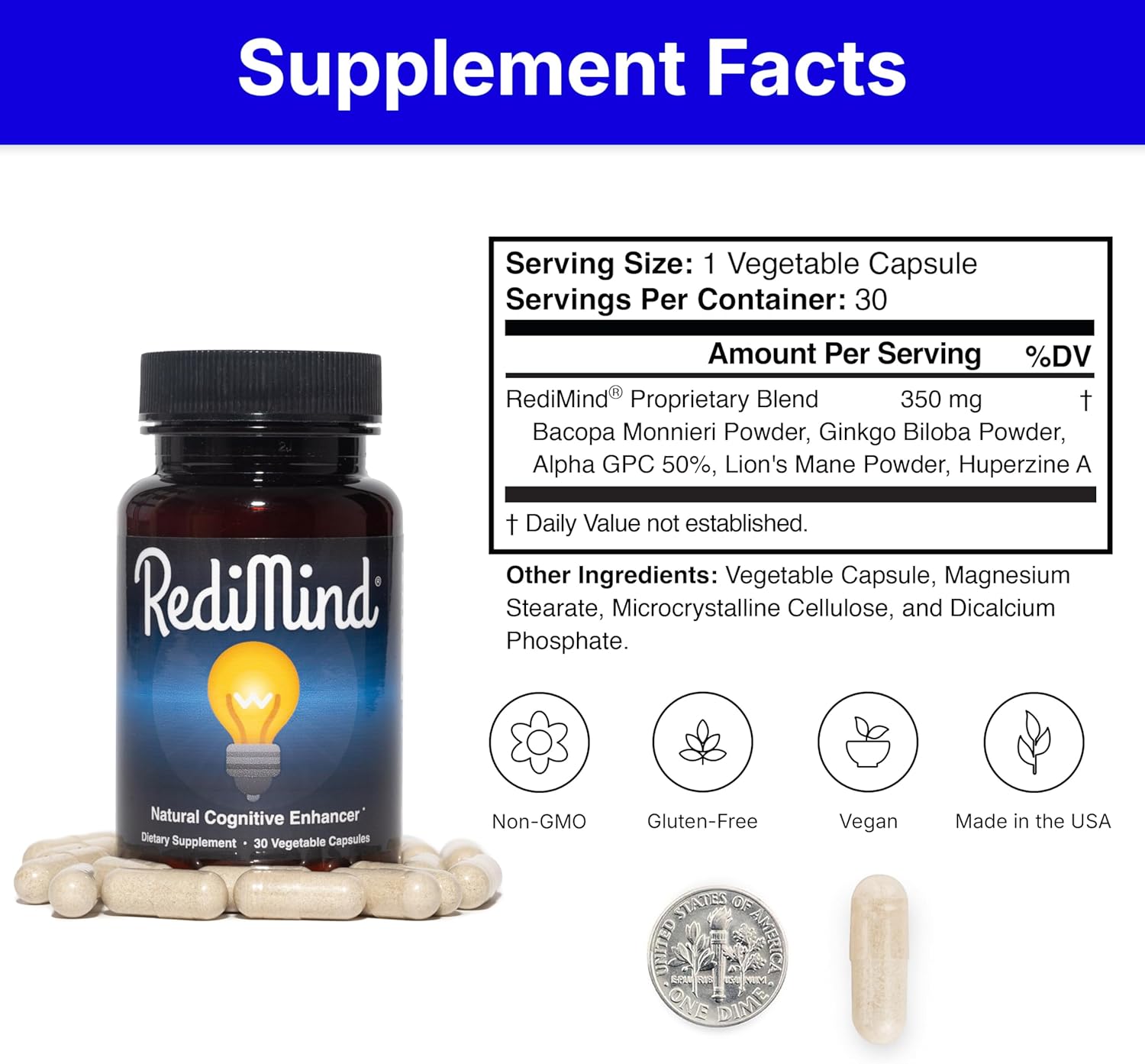 RediMind - Natural Cognitive Enhancement Supplement Capsule - Non-GMO, Vegan, Gluten-Free