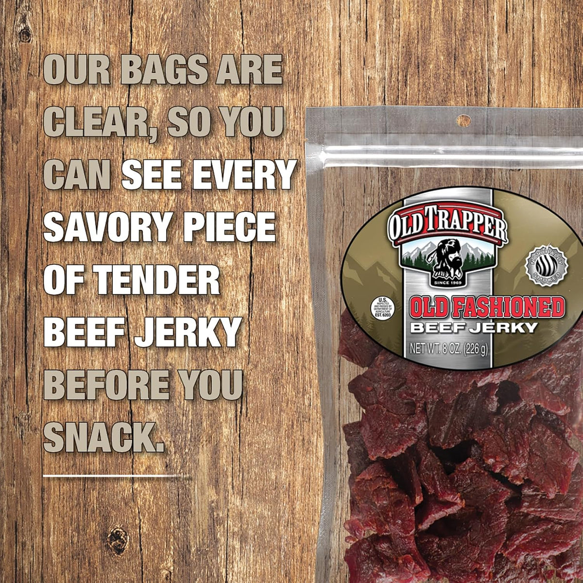 Old Trapper Beef Jerky, Old-Fashioned 8 Ounce Bag, Tender Meat Snacks for Lunches or Between Meals, 11 Grams of Protein, Zero Grams of Fat, and 70 Calories per Serving (Pack of One)