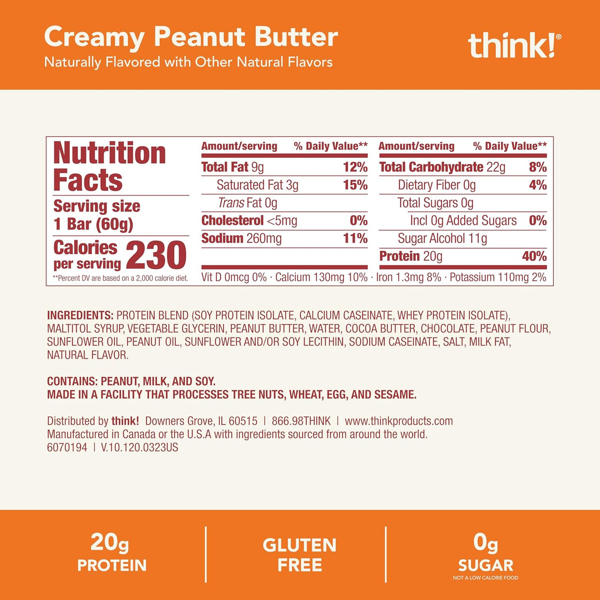 think! Protein Bars, High Protein Snacks, Gluten Free, Kosher Friendly, Creamy Peanut Butter, Nutrition Bars, 2.1 Oz per Bar, 12 Count (Packaging May Vary)