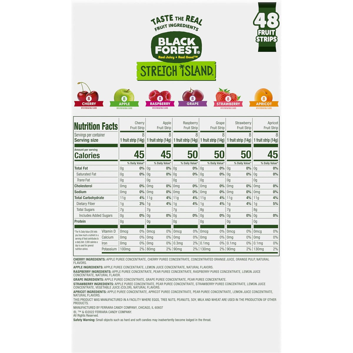 Black Forest, Stretch Island, Fruit Strips, Cherry, Apple, Raspberry, Grape, Strawberry, and Apricot, Zero Grams Added Sugar Non-GMO, 48 ct