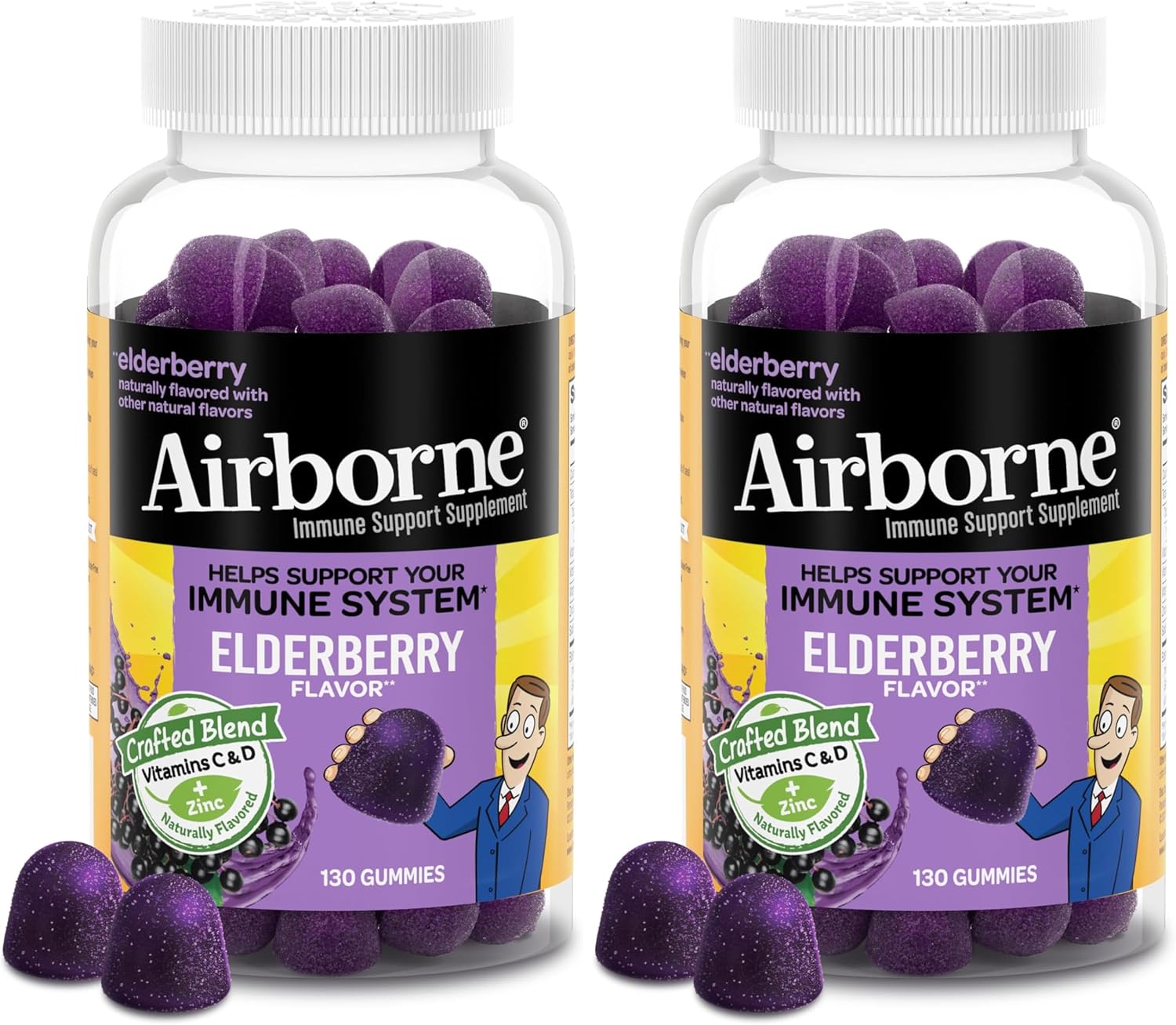 Airborne Elderberry + Zinc & Vitamin C Gummies For Adults, Immune Support Vitamin D & Zinc Gummies With Powerful Antioxidant Vitamins C D & E - 50 Gummies, Elderberry Flavor