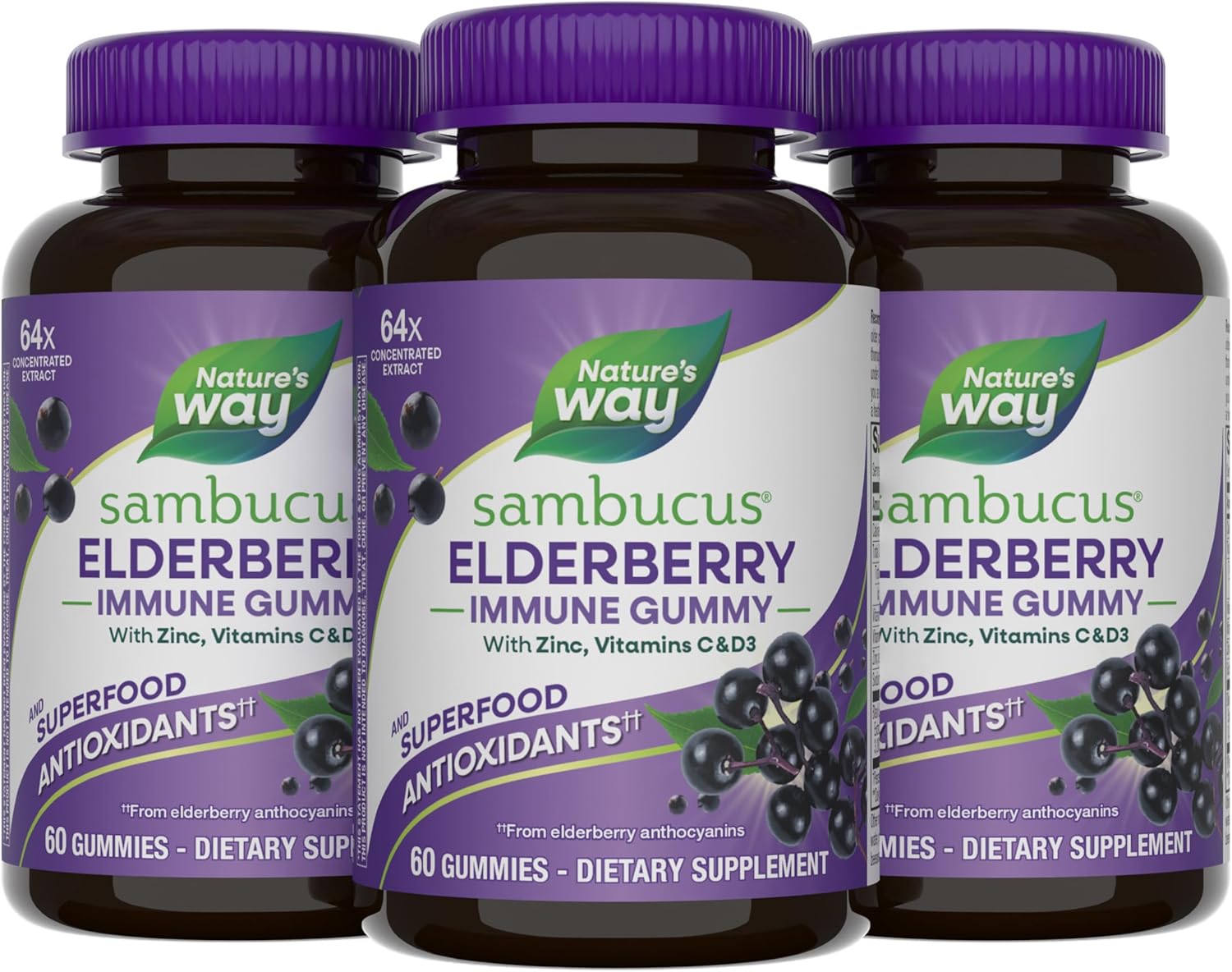 Nature's Way Sambucus Elderberry Gummies, Immune Support Gummy for Adults & Kids Ages 4+ with Black Elderberry Extract, Vitamin C, Vitamin D3, and Zinc*, 60 Gummies
