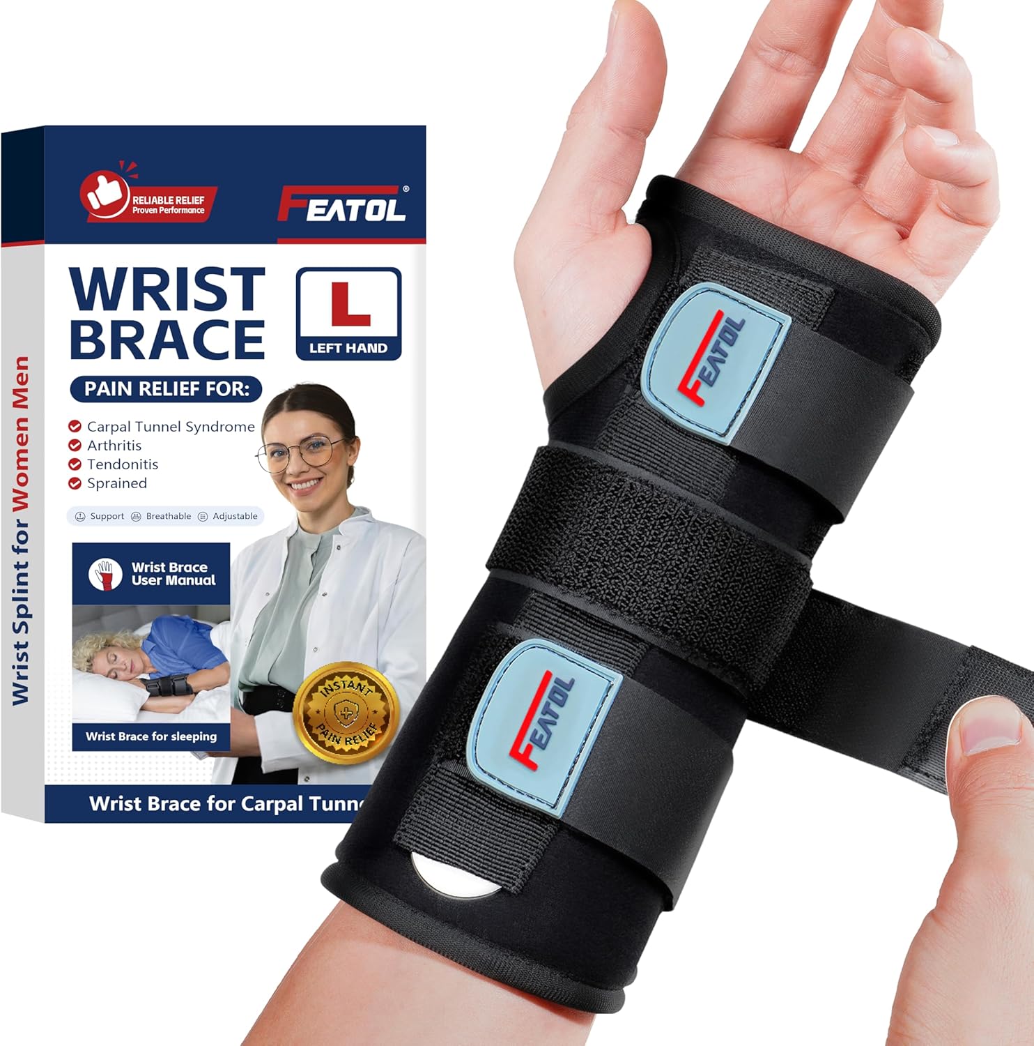 FEATOL Wrist Brace Hand Brace for Carpal Tunnel and Tendonitis Relief, Small/Medium