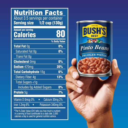 BUSH'S BEST 16 oz Canned Pinto Beans, Source of Plant Based Protein and Fiber, Low Fat, Gluten Free, Great For Soups, Salads and More, (Pack of 12)