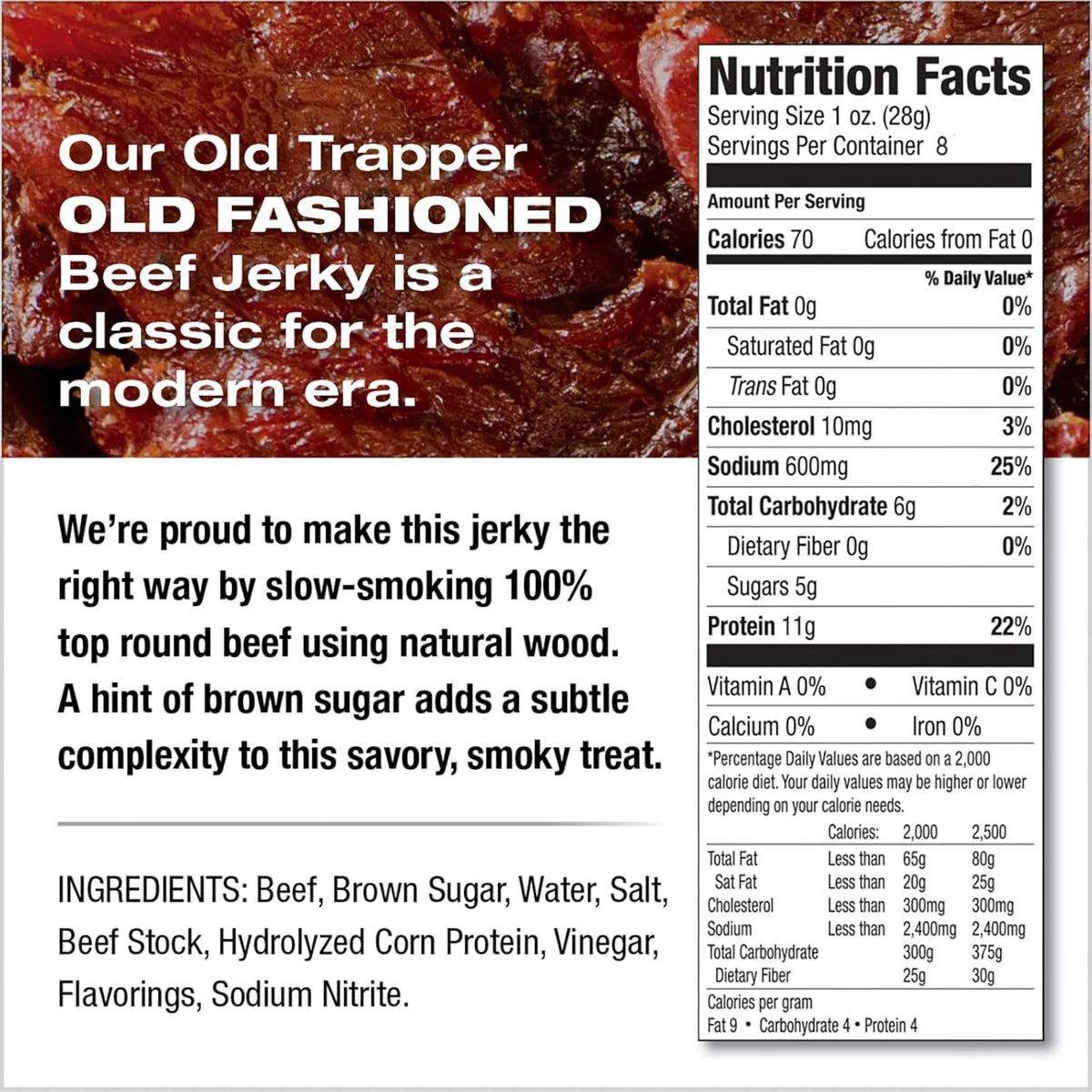 Old Trapper Beef Jerky, Old-Fashioned 8 Ounce Bag, Tender Meat Snacks for Lunches or Between Meals, 11 Grams of Protein, Zero Grams of Fat, and 70 Calories per Serving (Pack of One)