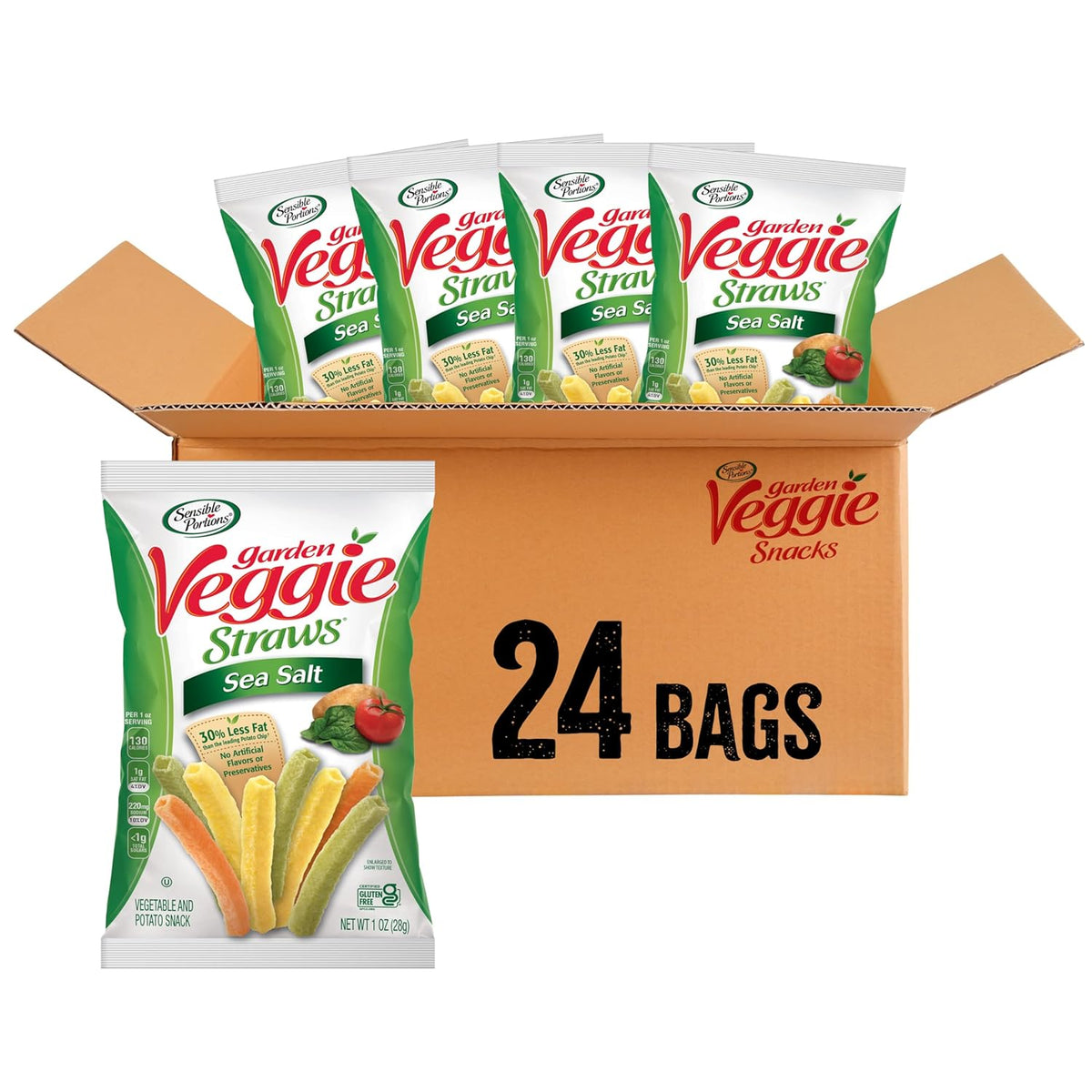 Sensible Portions Garden Veggie Snacks - Veggie Straws, Gluten Free, Snack Size Sea Salt, 1 Oz (Pack of 24)