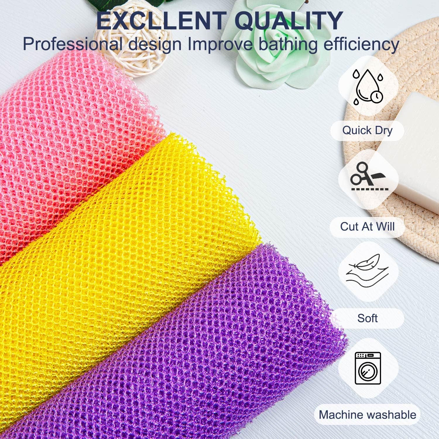 3 Pieces African Net Bath Sponge African Exfoliating African Scrubbing Long Net Rag African Wash Net Shower Body Scrubber, Yellow Pink Purple