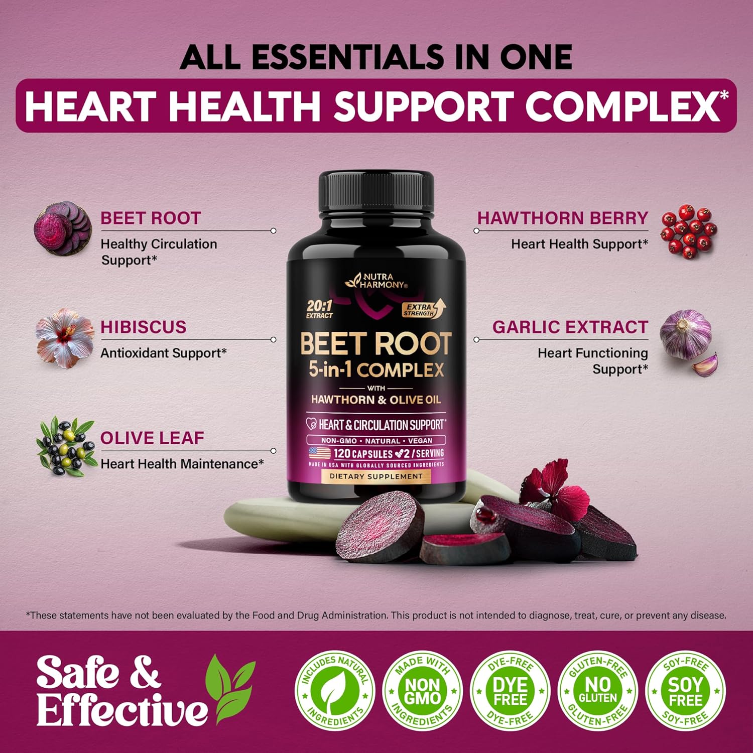 Beet Root 5-in-1 Complex Capsules - Healthy Blood Pressure Support Supplement** for Heart & Circulation Support - Olive Leaf, Hawthorn Berry & Hibiscus - for Men & Women - Lab Tested - 120 Capsules