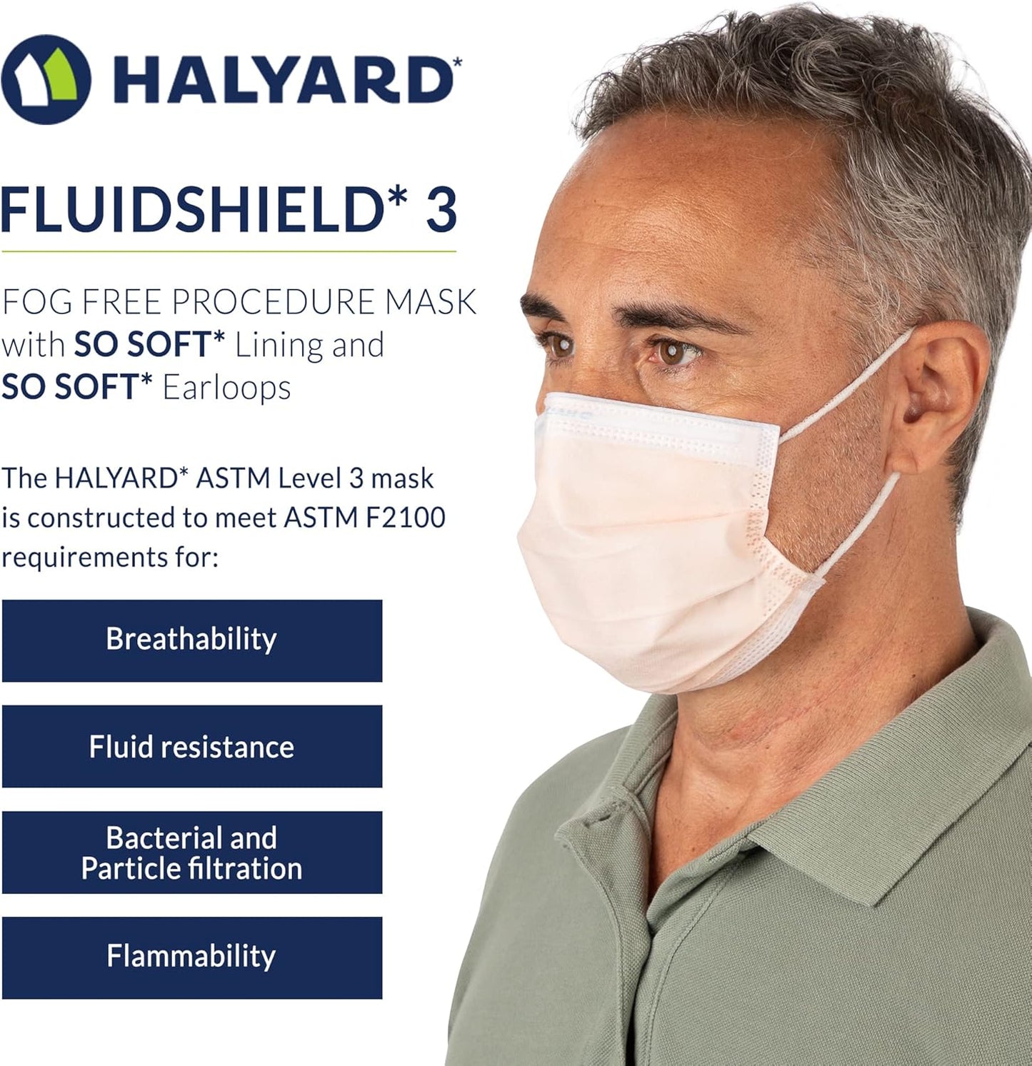 Halyard FluidShield Level 3 Disposable Procedure Mask with Soft Lining and Earloops