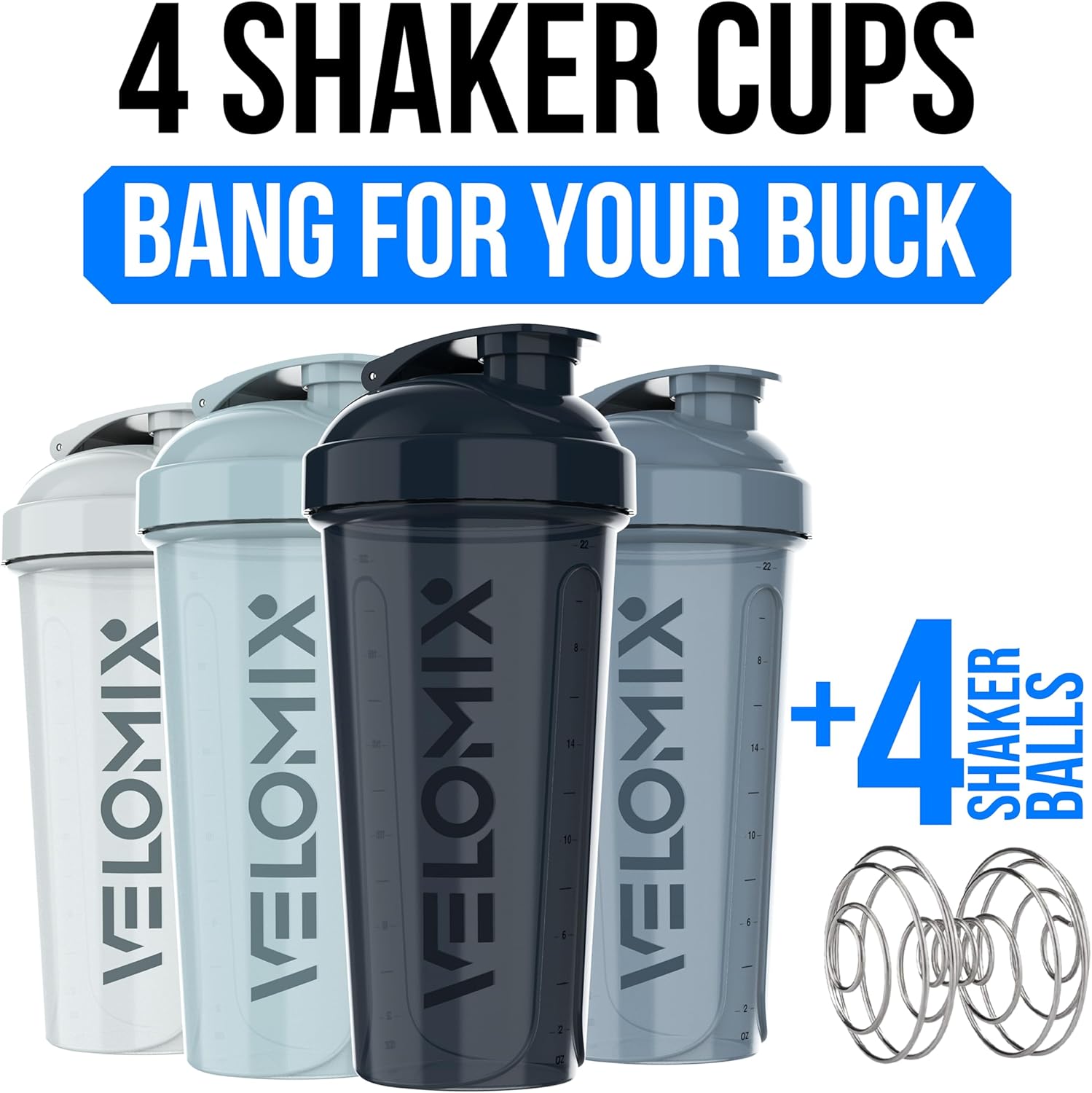 VELOMIX 28 Oz Protein Shaker Bottle, 4-Pack, Leak-Proof, Dishwasher Safe