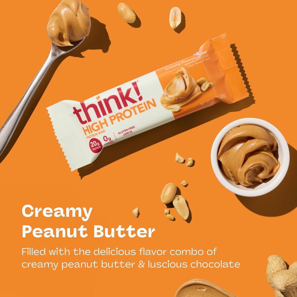 think! Protein Bars, High Protein Snacks, Gluten Free, Kosher Friendly, Creamy Peanut Butter, Nutrition Bars, 2.1 Oz per Bar, 12 Count (Packaging May Vary)