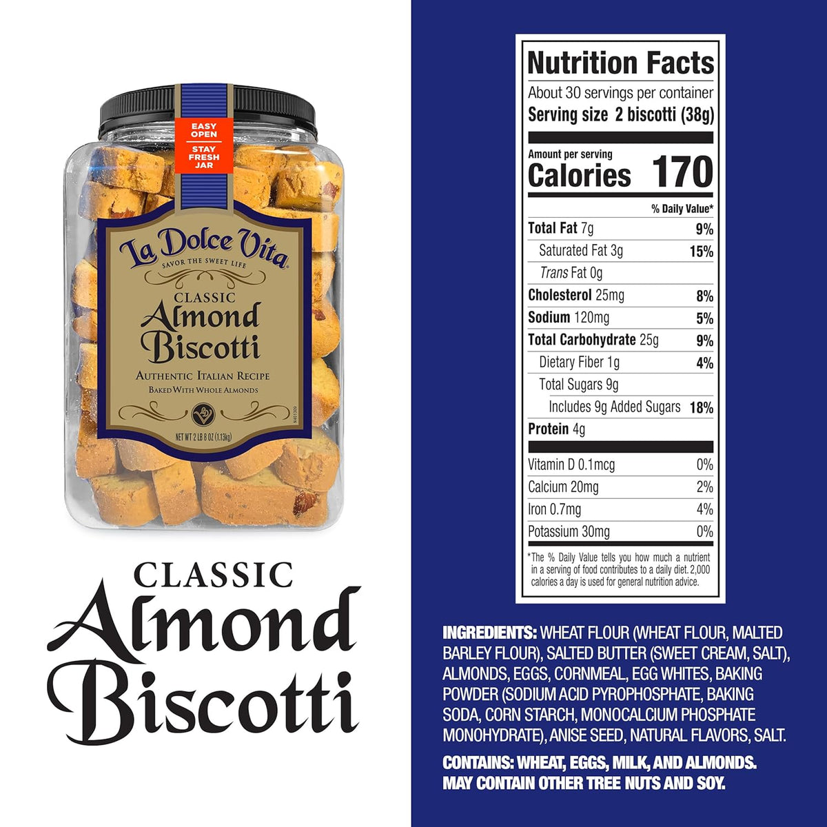 La Dolce Vita Classic Almond Italian Biscotti Cookies, Gourmet Coffee & Tea Dipping Snack, 40 oz Jar