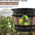 Quarut 3 Pack 10 inch Plant Pots,Whiskey Barrel Planters with Drainage Holes & Saucer, Plastic Decoration Flower Pots Imitation Wine Barrel Design, for Indoor & Outdoor Garden Home Plants (Brown)