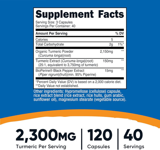 Nutricost Turmeric Curcumin with BioPerine, 2300mg, 120 Veggie Capsules, Gluten Free, Non-GMO