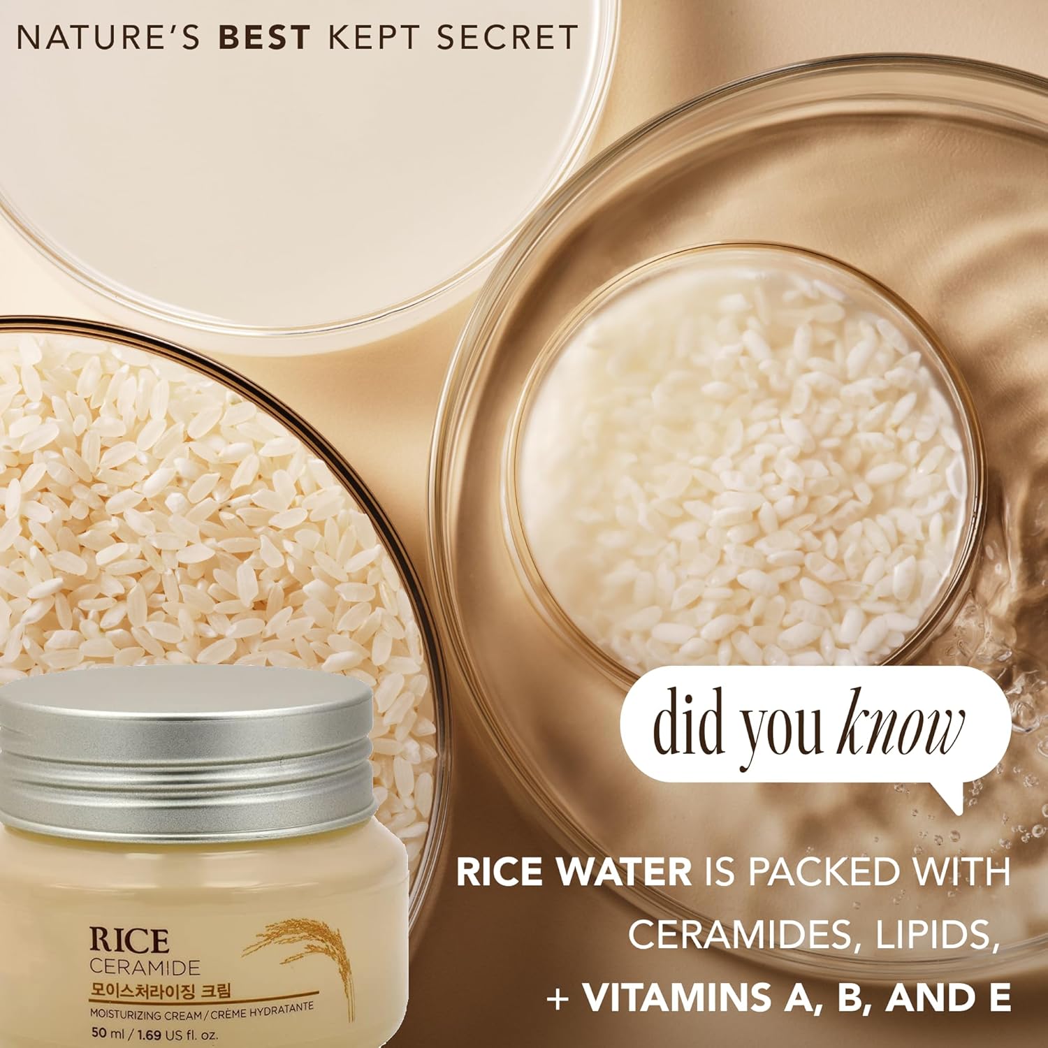 The Face Shop Rice Ceramide Cream, Hydrating Face Moisturizer, for Dry & Combination Skin, Lightweight, Fast-absorbing, 1.69 fl. oz.