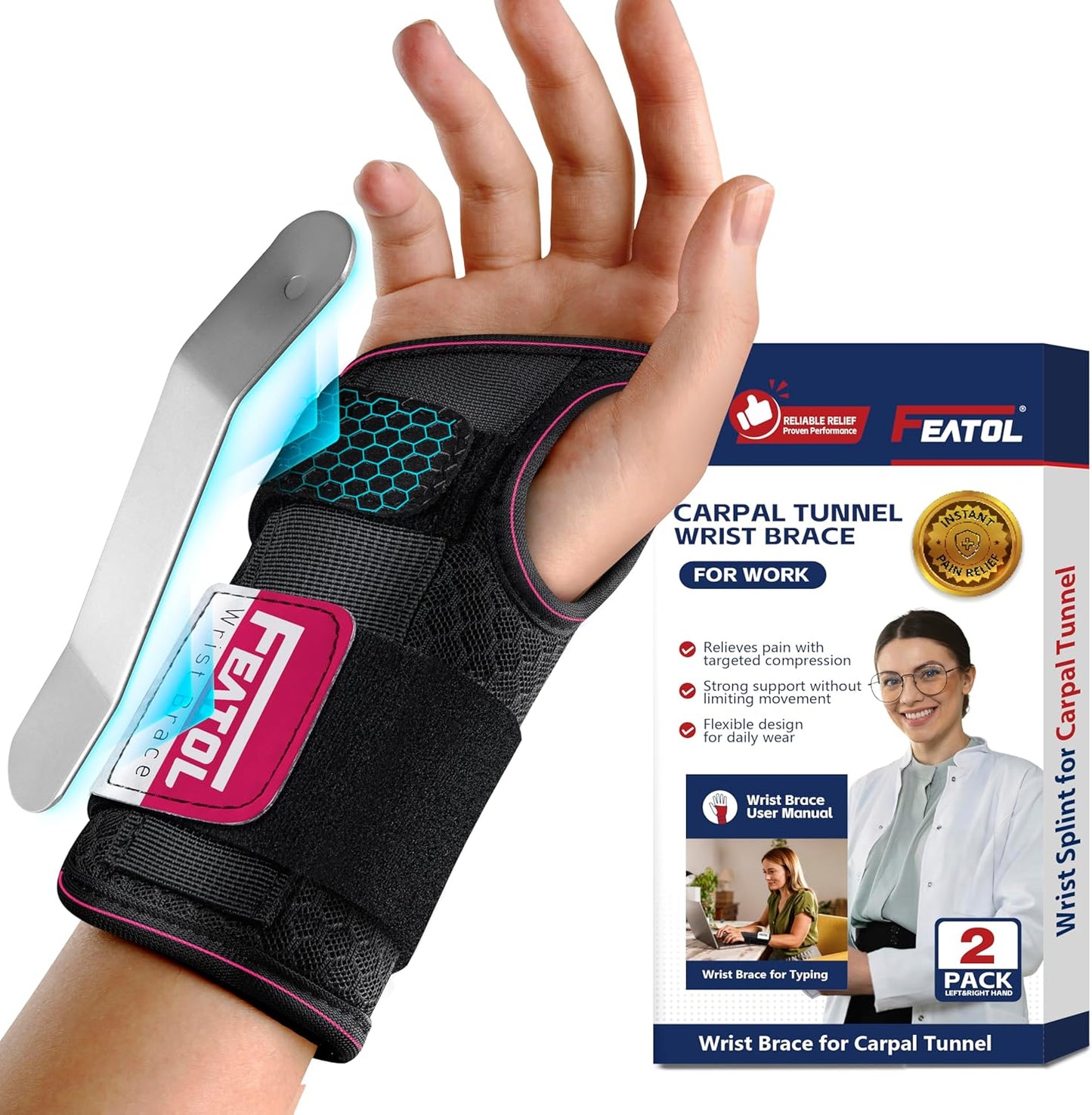 FEATOL Carpal Tunnel Wrist Brace for Women and Men with Wrist Splint