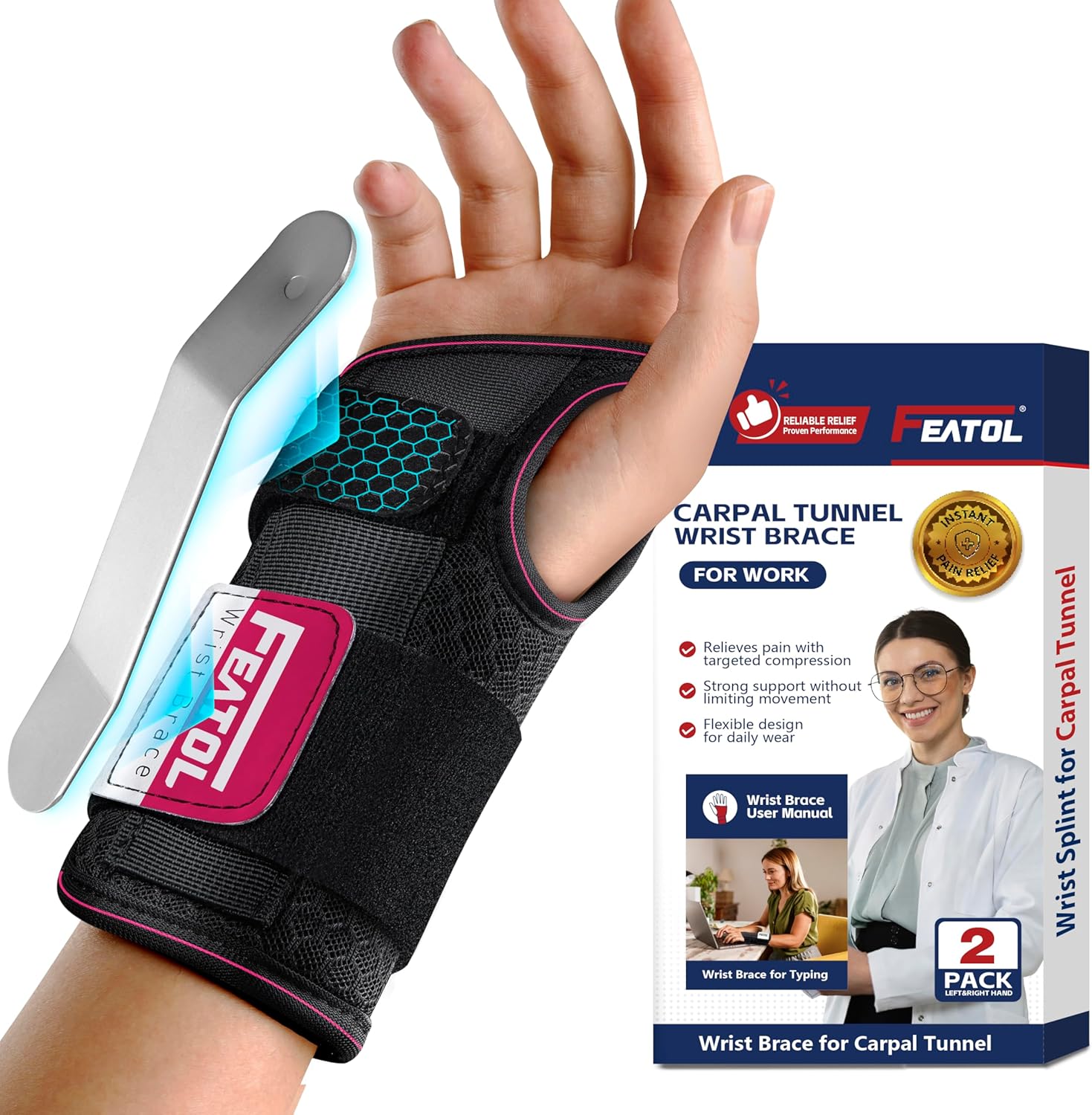 FEATOL Carpal Tunnel Wrist Brace for Women and Men with Wrist Splint