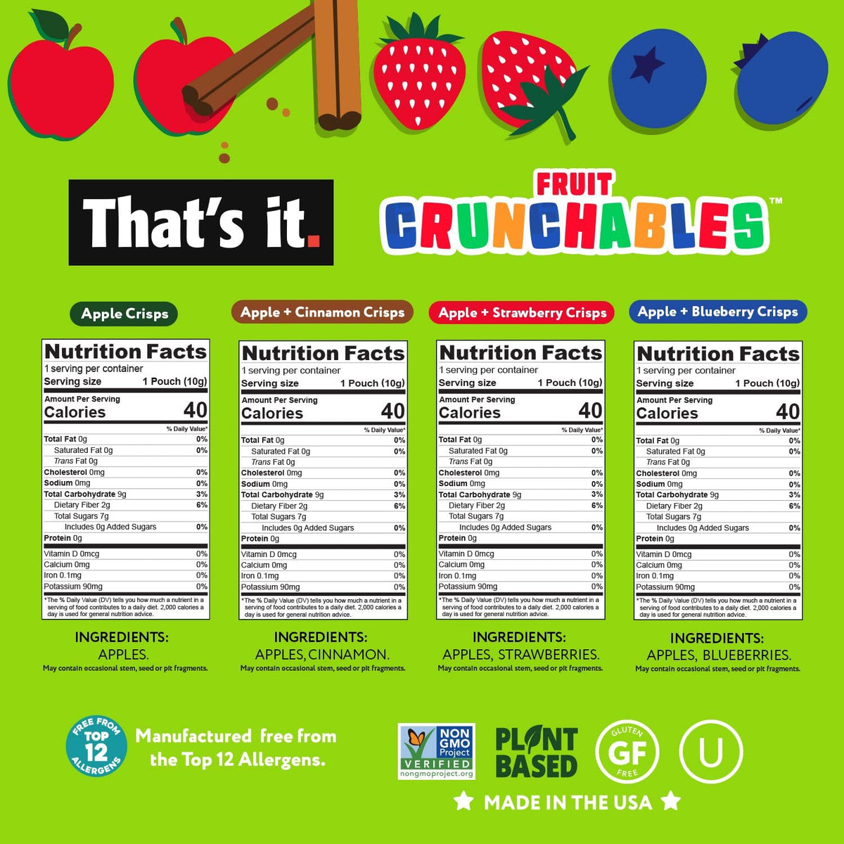 That's it. Fruit Crunchables Variety Pack, Fruit Snacks for Kids, 100% Fruit Crisps, Plant-Based, Non-GMO, Gluten-Free, No Sugar Added (16 Pack)