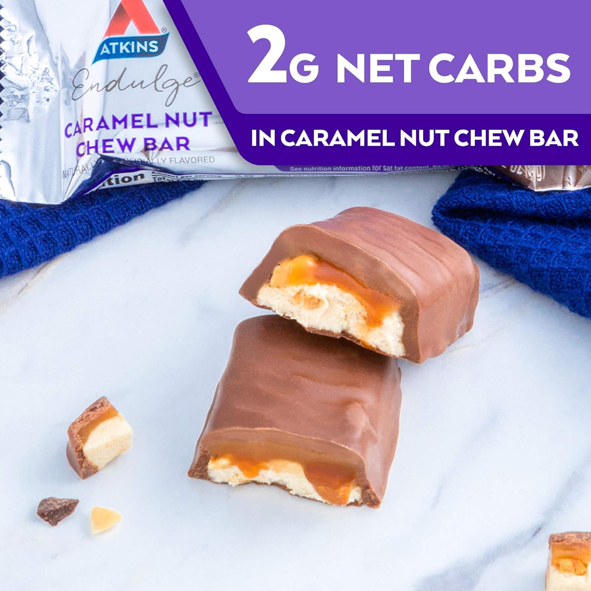 Atkins Endulge Caramel Nut Chew Bar, Low Sugar Snack, Dessert Bar, High Fiber Bar 1g Sugar, 10 Count