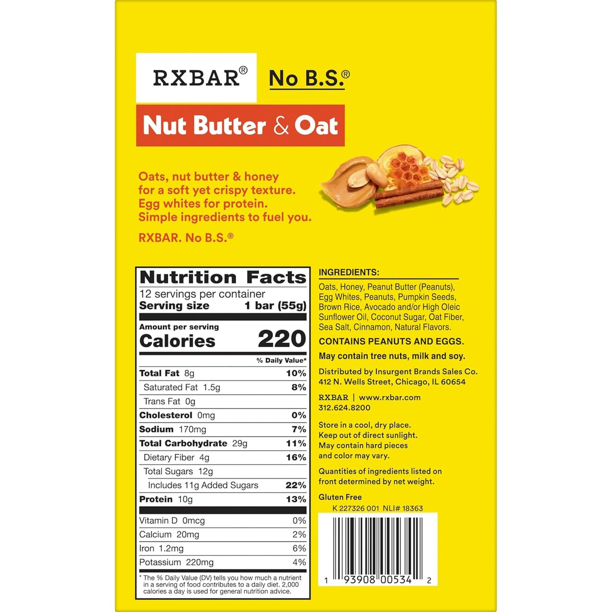 RXBAR Nut Butter and Oat Protein Bars, Protein Snacks, Snack Bars, Honey Cinnamon Peanut Butter, 23.2oz Box (12 Count)