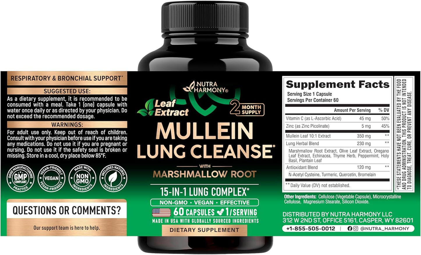 Mullein Lung Detox Supplement with Mullein Leaf 10:1 Extract and 15-in-1 Lung Support