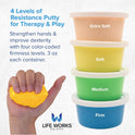 LIFE WORKS Therapy Putty Set for Adults and Teens, 4 Resistance Levels, Non-Toxic Silicone